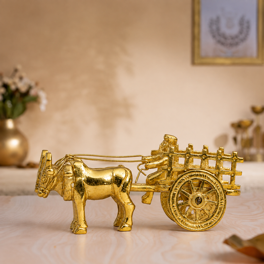 Traditional Bullock Cart with Driver Showpiece | Polished Golden Brass Finish