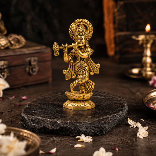 Lord Krishna Playing Flute on Lotus Idol | Antique Brass Finish