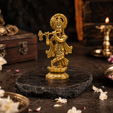 Lord Krishna Playing Flute on Lotus Idol | Antique Brass Finish