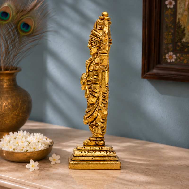 Lord Vishnu Idol with Shankha and Chakra | Antique Golden Brass Finish