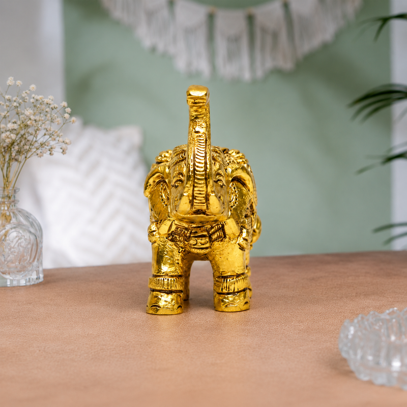 Decorative Elephant with Raised Trunk Showpiece | Polished Golden Brass Finish