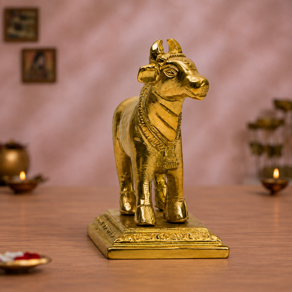 Kamadhenu Cow and Calf Showpiece | Polished Brass Finish