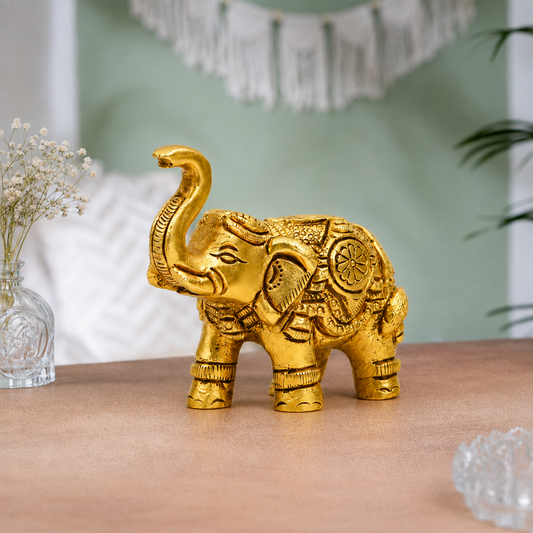 Decorative Elephant with Raised Trunk Showpiece | Polished Golden Brass Finish