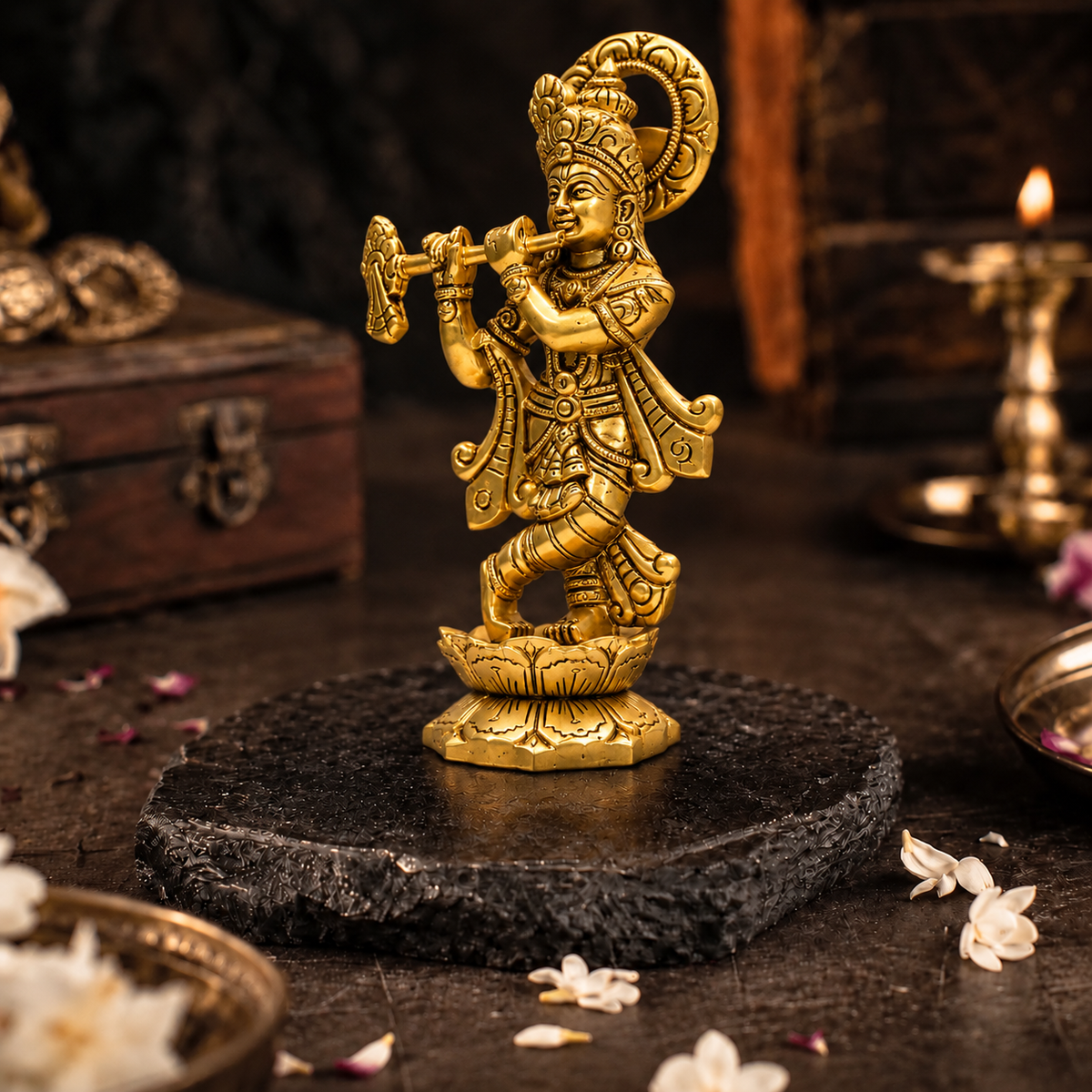 Lord Krishna Playing Flute on Lotus Idol | Antique Brass Finish