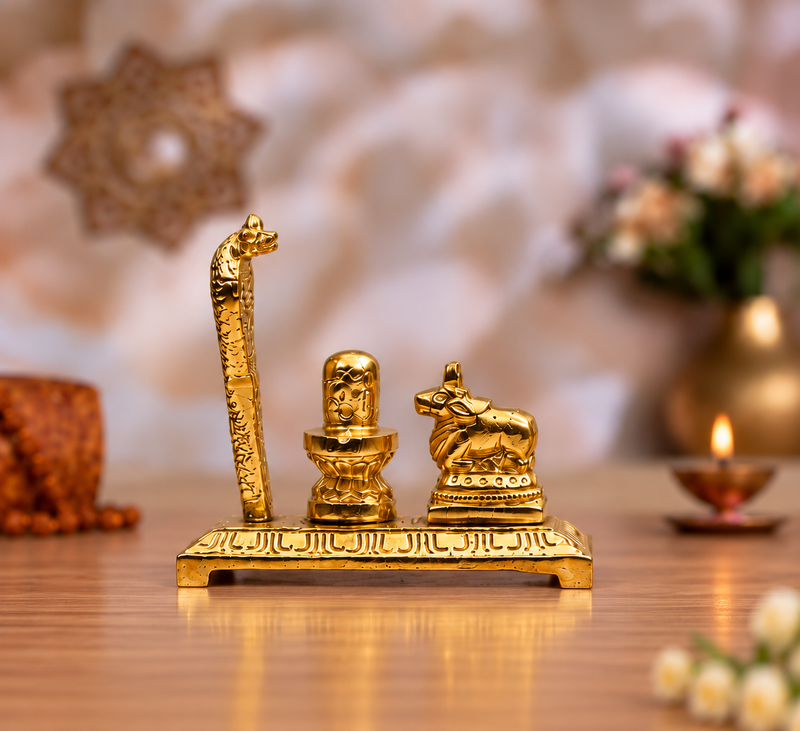 Brass Shivling with Nandi & Nag Devta Idol Set (Set of 3 Sizes)