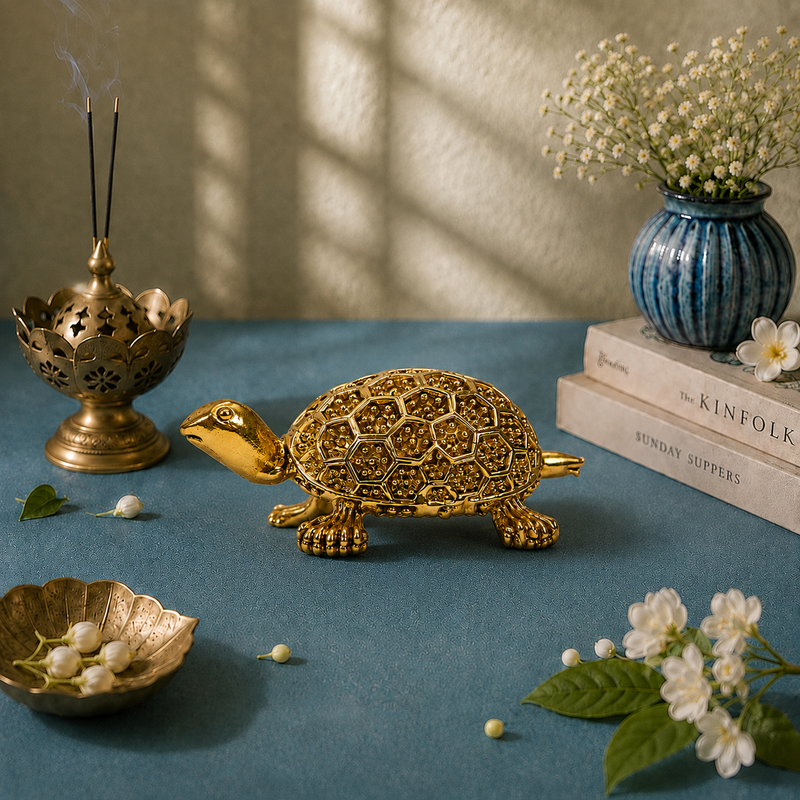 Decorative Tortoise Showpiece with Floral Shell | Antique Brass Finish