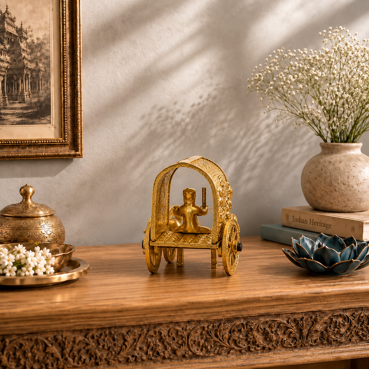 Traditional Bullock Cart Showpiece | Polished Golden Brass Finish