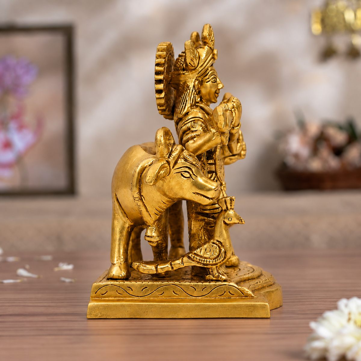 Radha Krishna with Cow Idol | Antique Brass Finish
