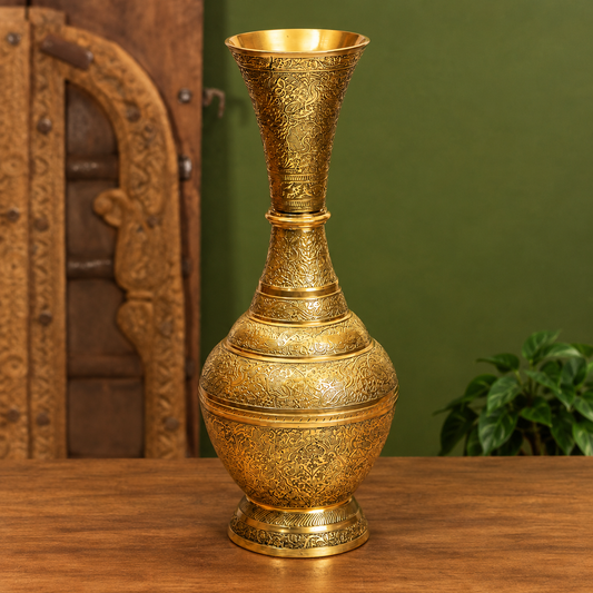 Traditional Long-Neck Engraved Brass Vase | Antique Golden Finish