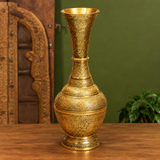 Traditional Long-Neck Engraved Brass Vase | Antique Golden Finish