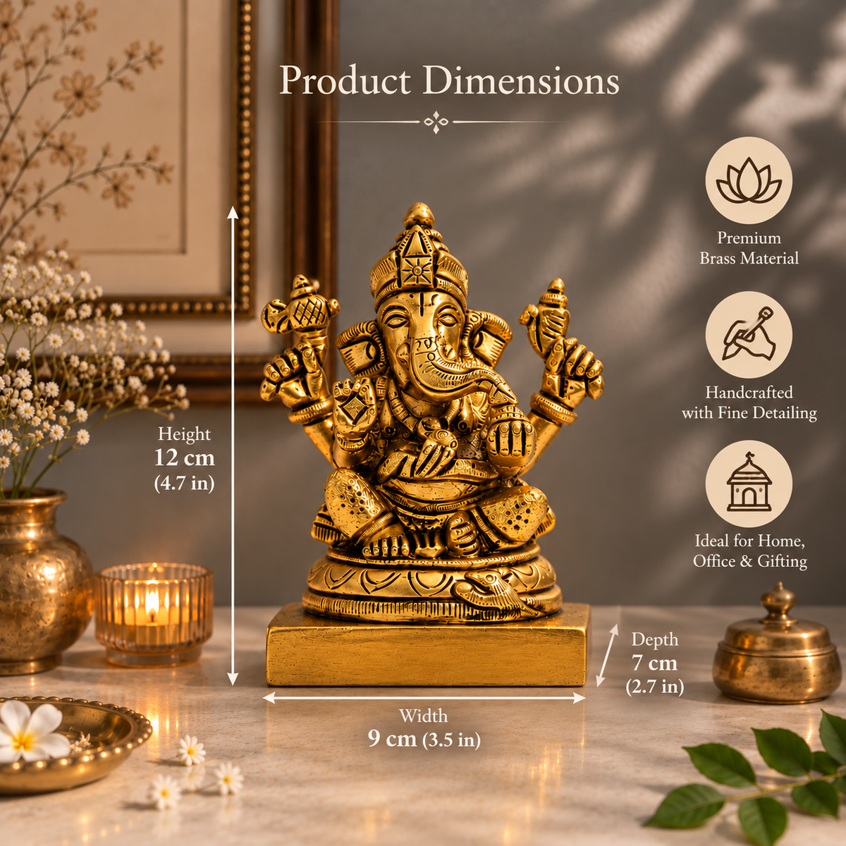 Lord Ganesha Seated on Lotus Idol | Antique Golden Brass Finish