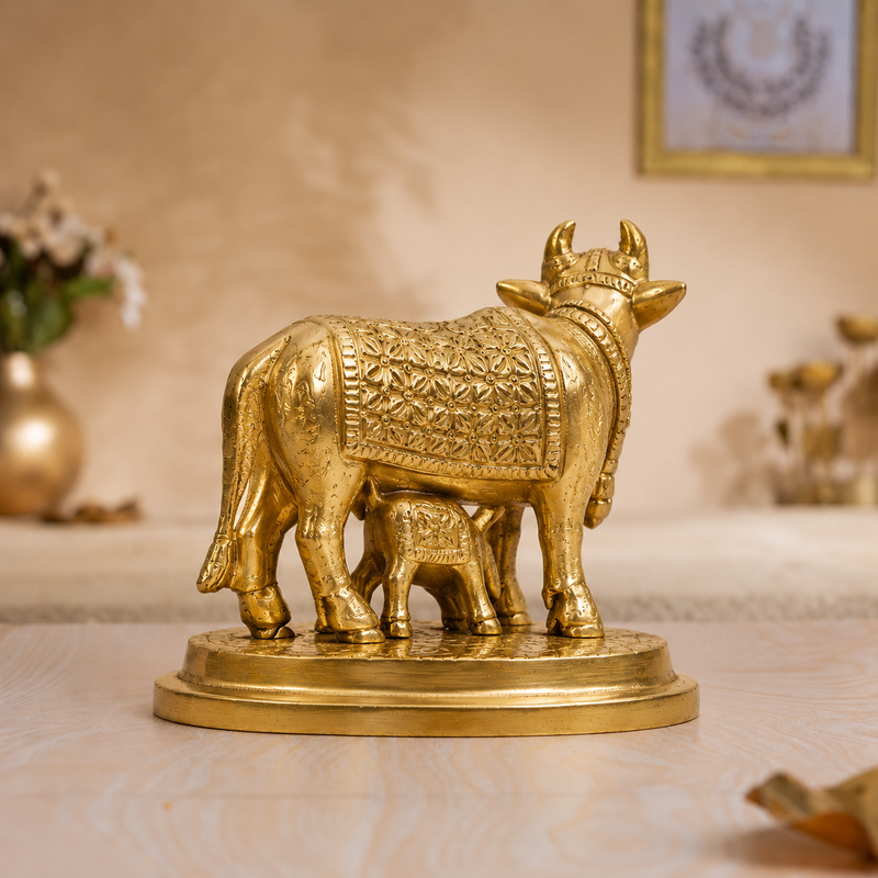 Gau Mata with Calf Idol | Polished Golden Brass Finish