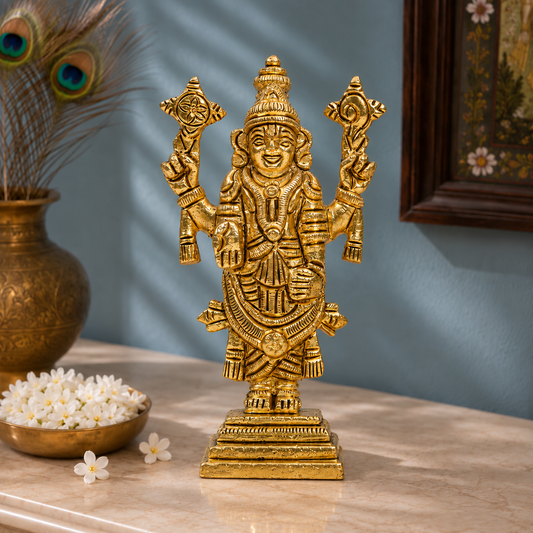 Lord Vishnu Idol with Shankha and Chakra | Antique Golden Brass Finish