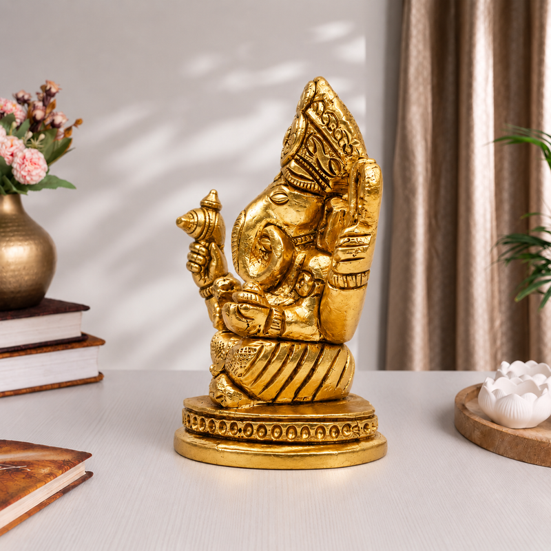 Lord Ganesha Seated Idol | Antique Golden Brass Finish