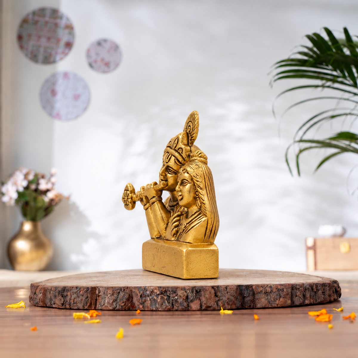 Radha Krishna Face Idol with Flute | Antique Brass Finish