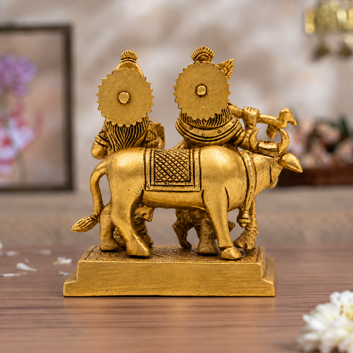 Radha Krishna with Cow Idol | Antique Brass Finish
