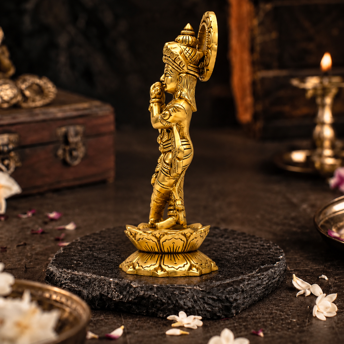 Lord Krishna Playing Flute on Lotus Idol | Antique Brass Finish