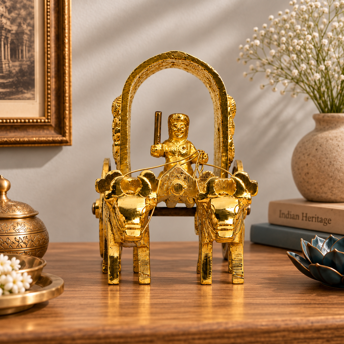 Traditional Bullock Cart Showpiece | Polished Golden Brass Finish