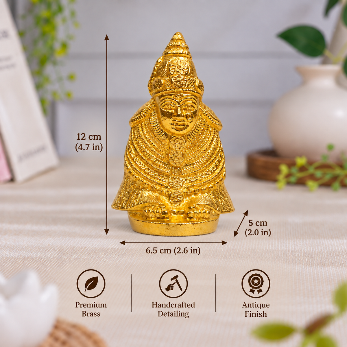 Kolhapur Mahalaxmi Ambabai Idol | Polished Golden Brass Finish
