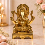 Lord Ganesha Idol with Halo and Mouse | Antique Golden Brass Finish