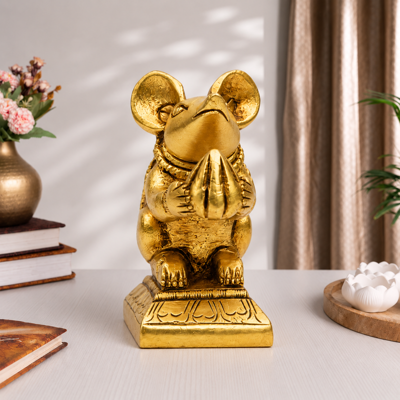 Mushak Raj Holding Modak Idol | Polished Golden Brass Finish