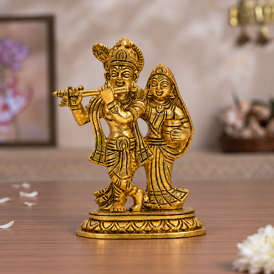 Radha Krishna Idol with Flute | Polished Golden Brass Finish