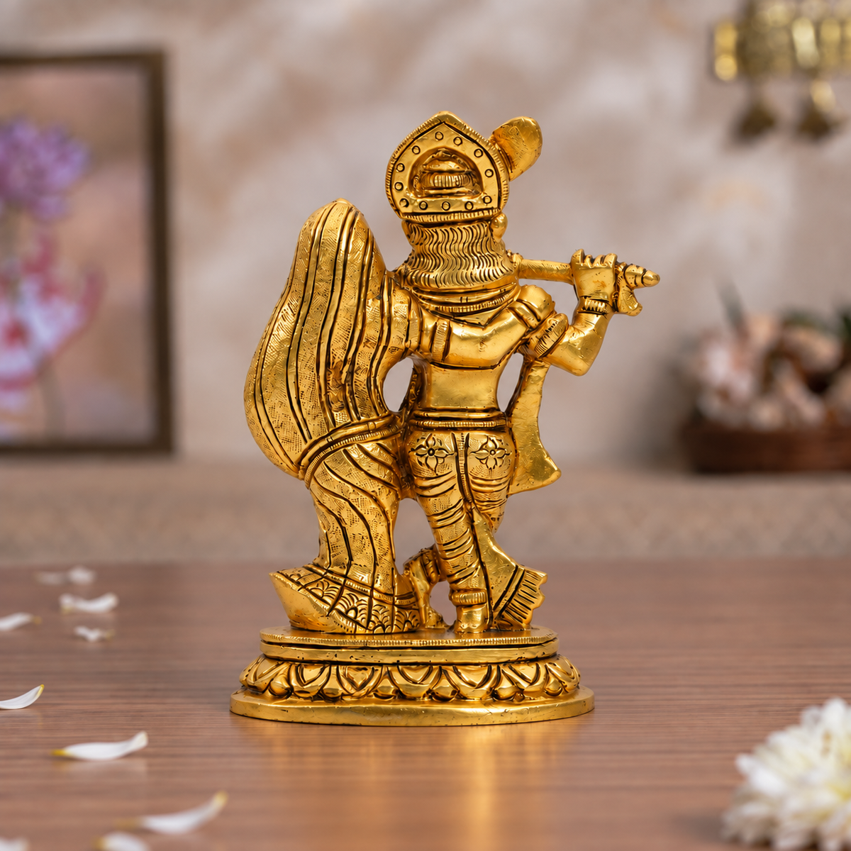 Radha Krishna Idol with Flute | Polished Golden Brass Finish