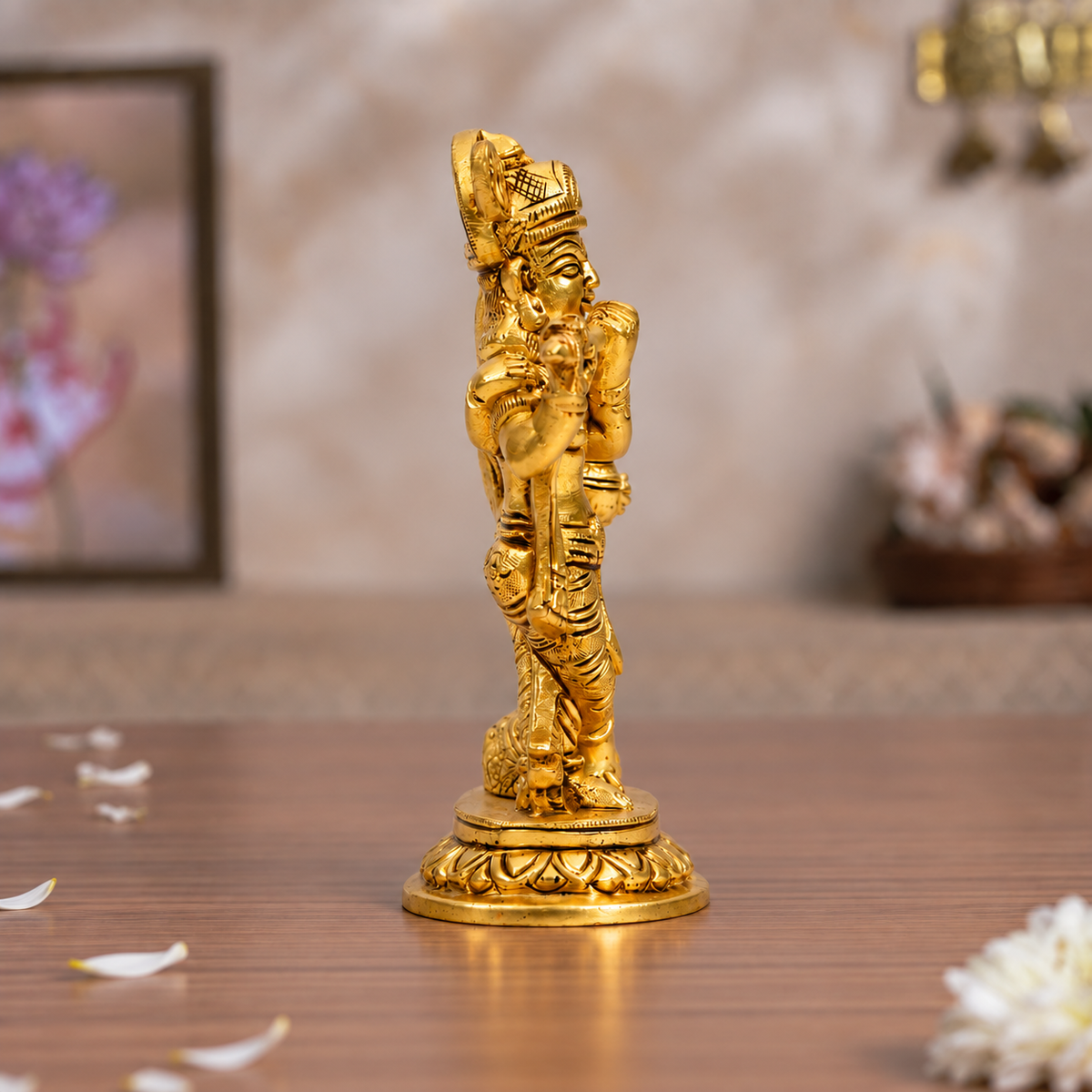 Radha Krishna Idol with Flute | Polished Golden Brass Finish