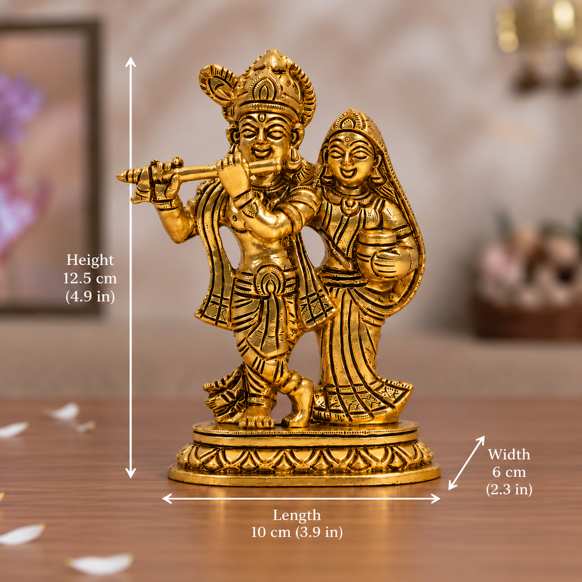 Radha Krishna Idol with Flute | Polished Golden Brass Finish