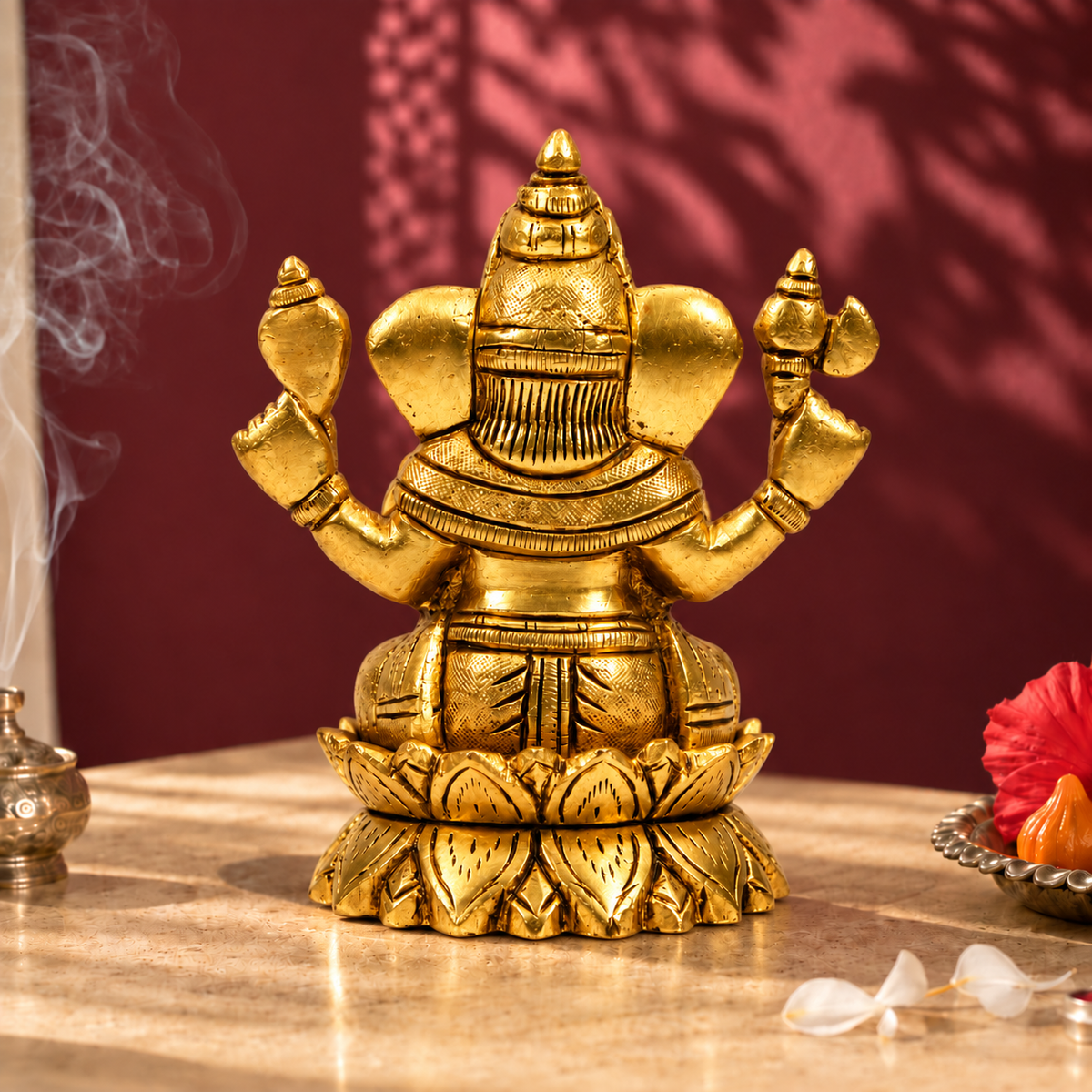 Lord Ganesha Seated Idol with Mouse | Antique Golden Brass Finish