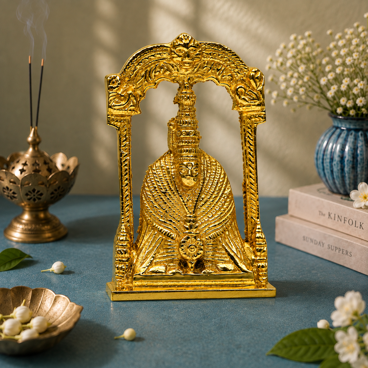 Goddess Tulja Bhavani Idol with Decorative Arch | Polished Golden Brass Finish