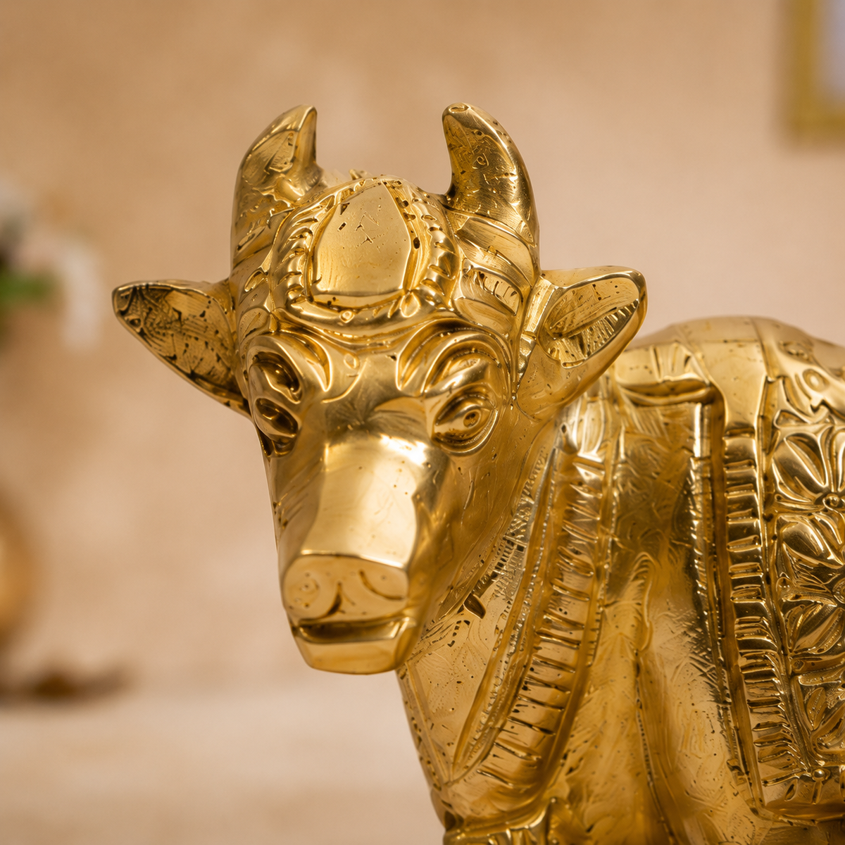 Gau Mata with Calf Idol | Polished Golden Brass Finish