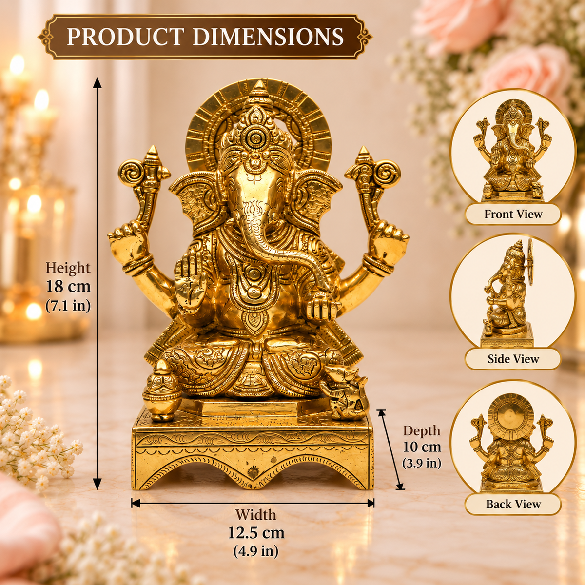Lord Ganesha Idol with Halo and Mouse | Antique Golden Brass Finish