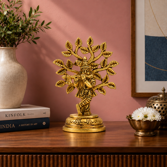 Lord Krishna with Cow under Tree Idol | Antique Golden Brass Finish