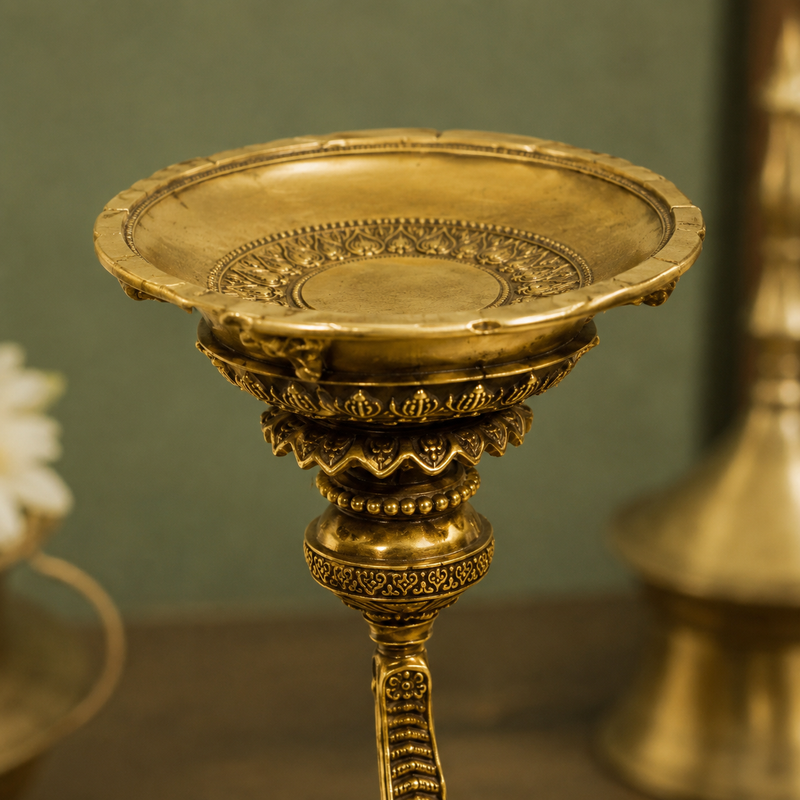 Decorative Elephant Diya Stand with Dual Bowls | Antique Golden Brass Finish
