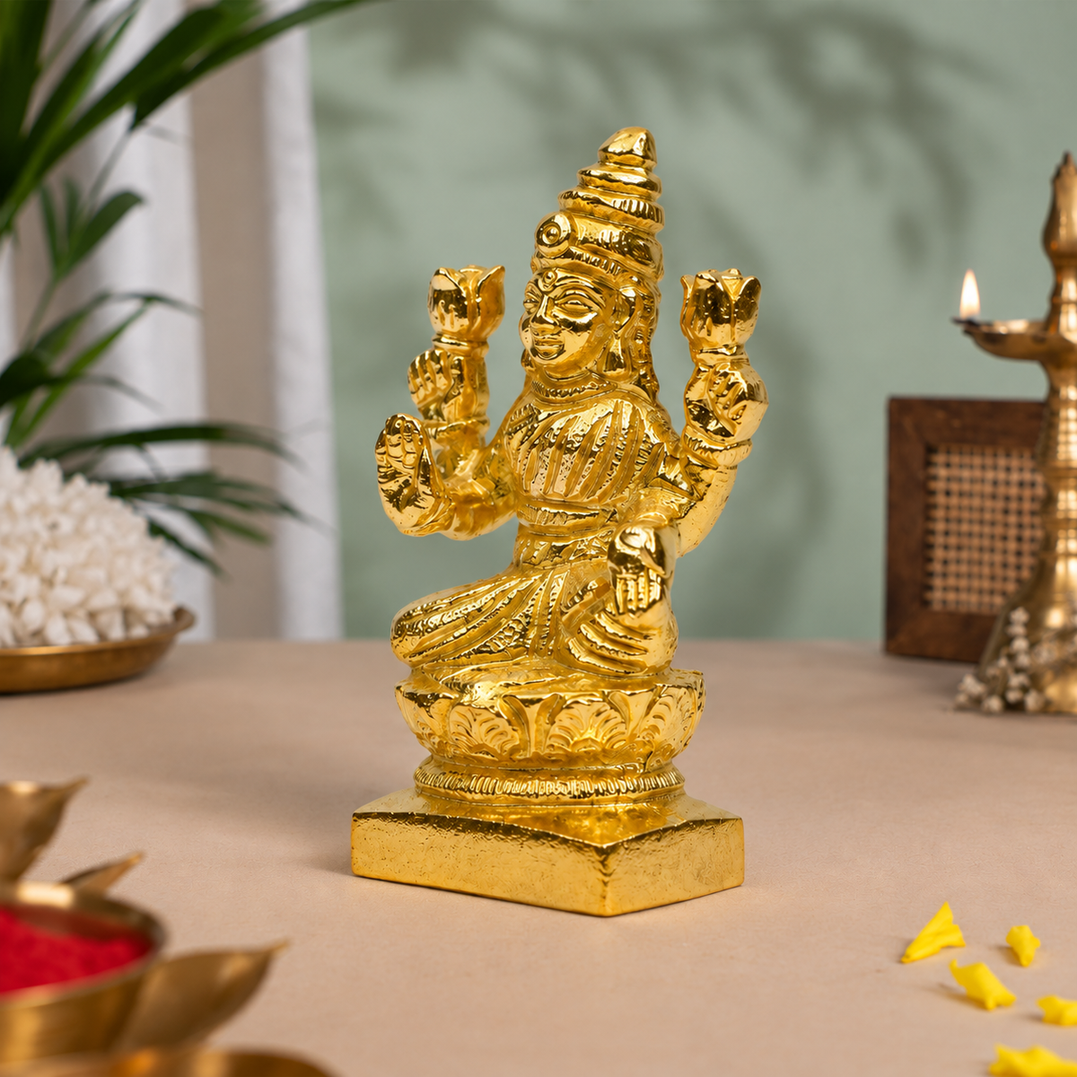 Goddess Lakshmi Sitting on Lotus Showpiece | Polished Brass Finish