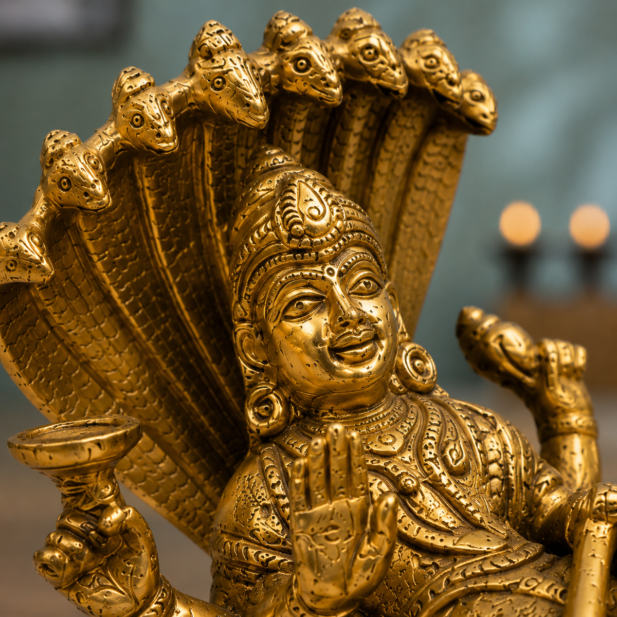 Lord Vishnu Resting on Sheshnag with Goddess Lakshmi Idol | Antique Golden Brass Finish