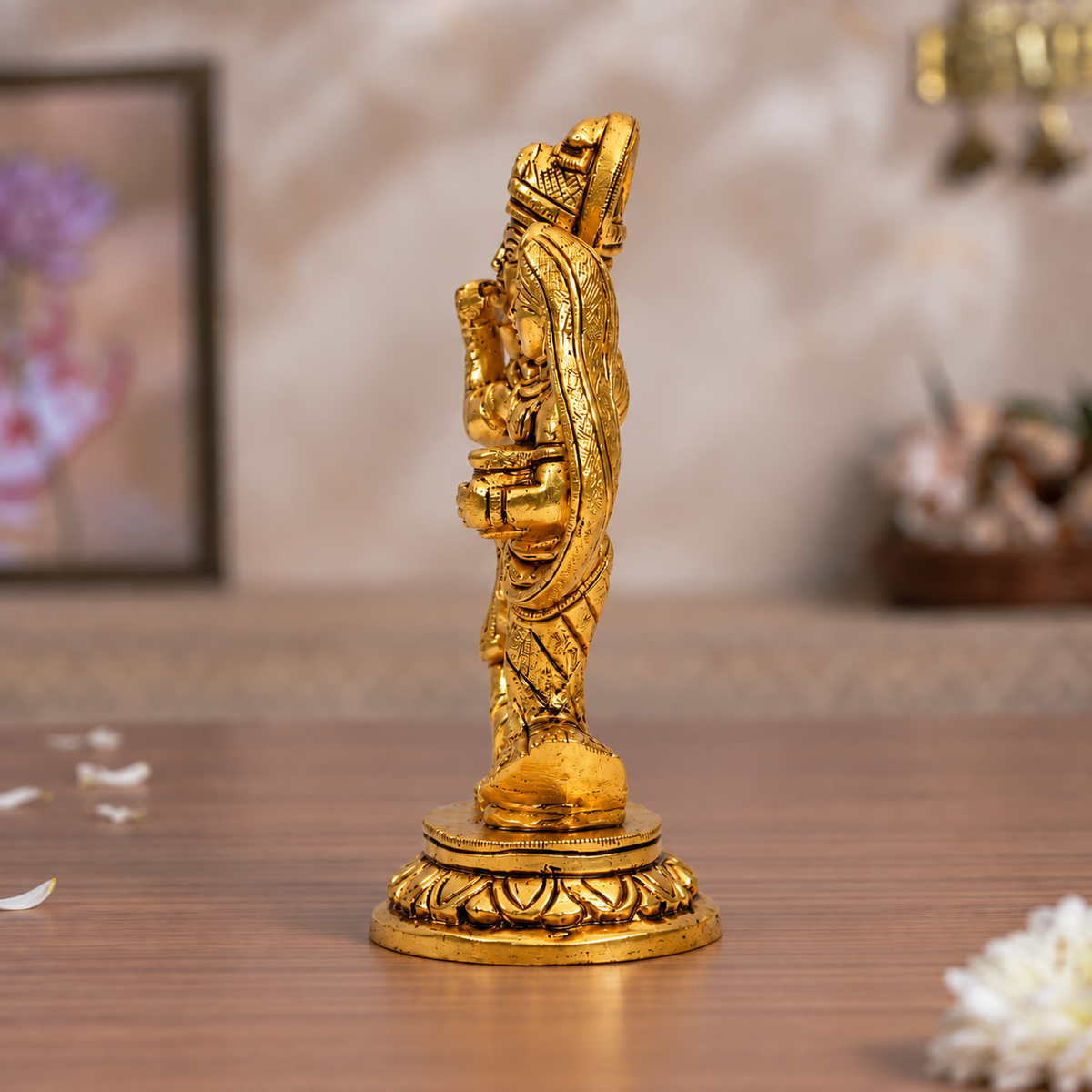 Radha Krishna Idol with Flute | Polished Golden Brass Finish