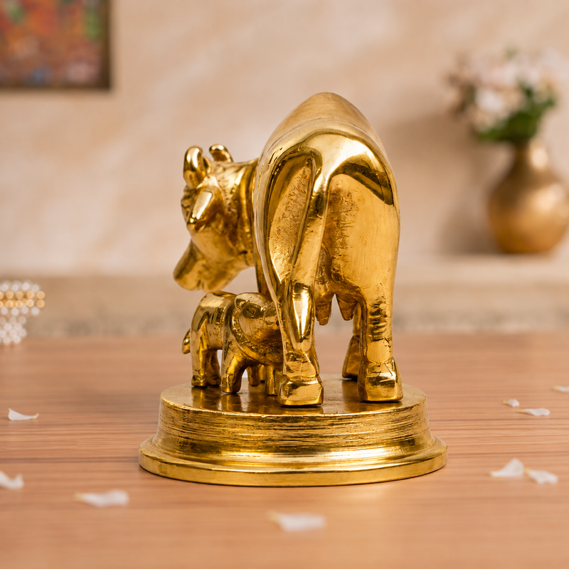 Gau Mata with Nursing Calf Idol | Polished Golden Brass Finish