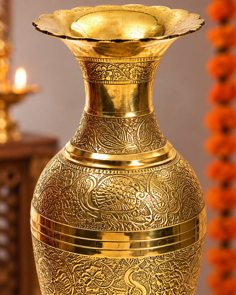 Engraved Decorative Brass Flower Vase | Polished Golden Finish