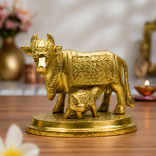 Kamadhenu Detailed WorkCow and Calf Showpiece | Polished Brass Finish