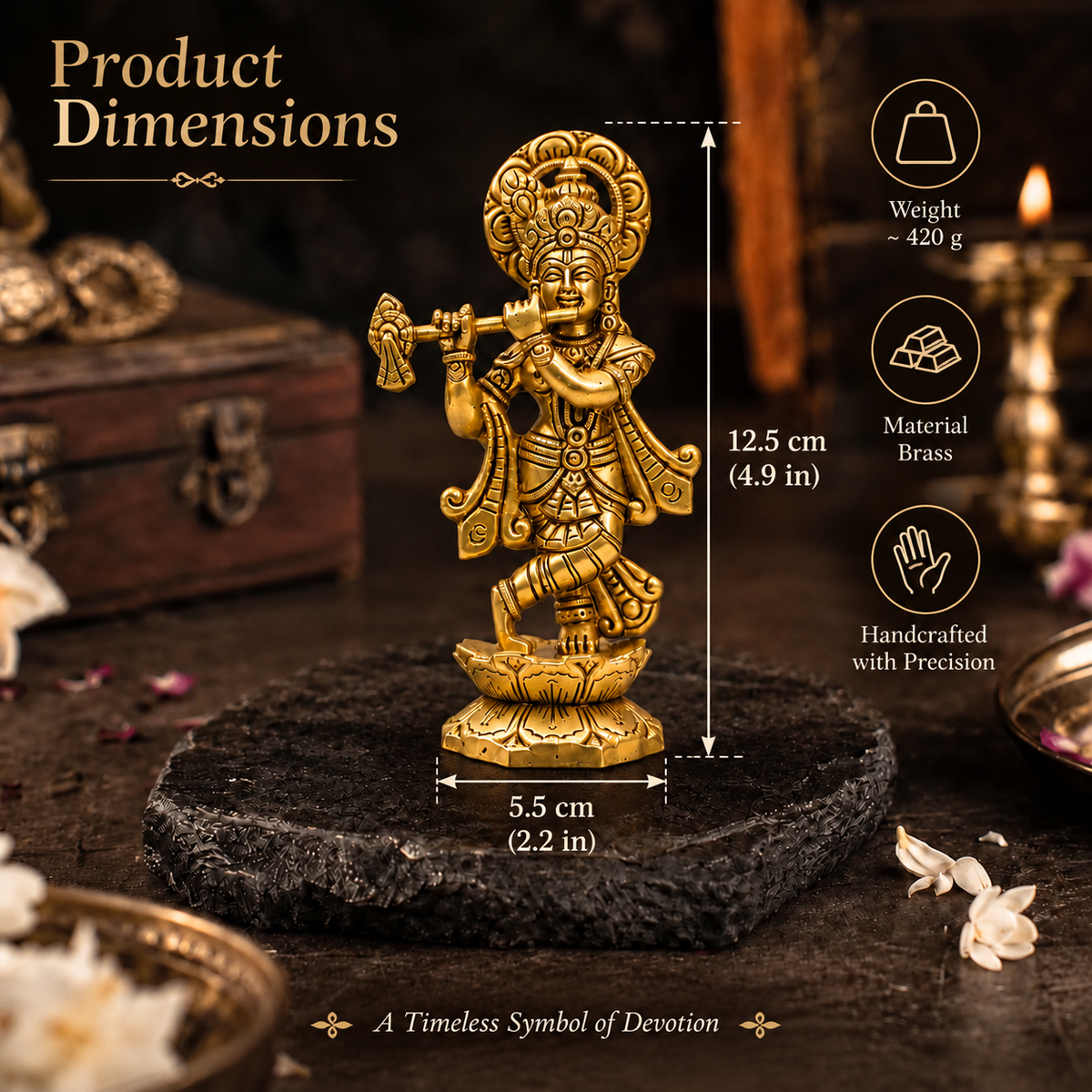 Lord Krishna Playing Flute on Lotus Idol | Antique Brass Finish
