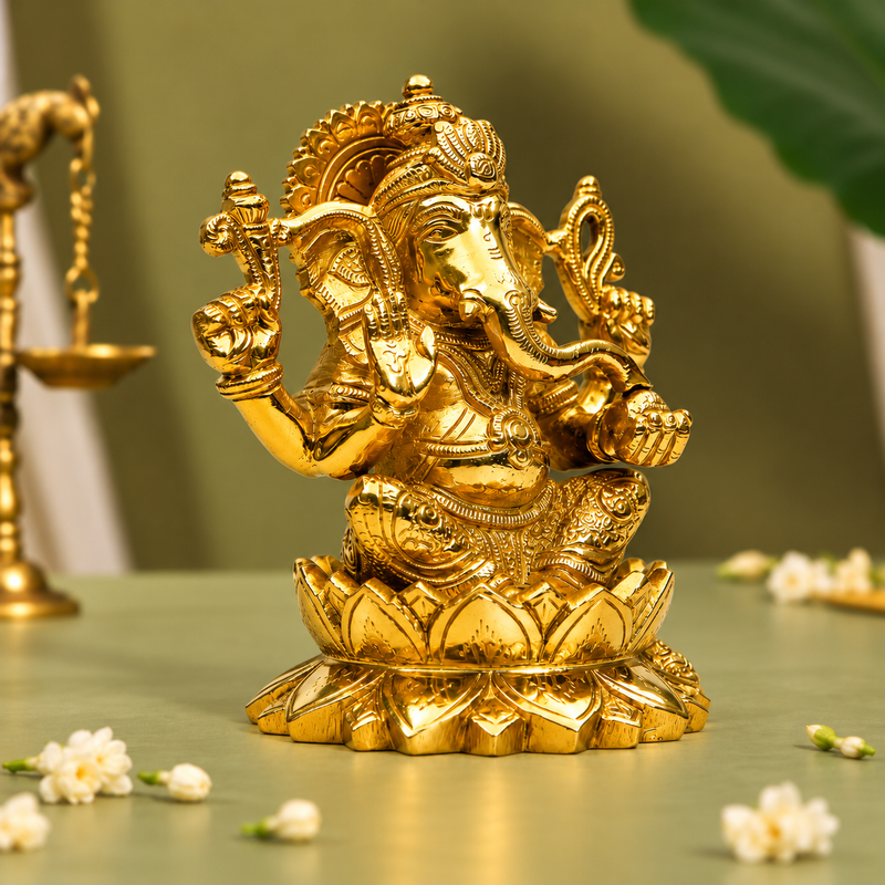 Lord Ganesha Seated on Lotus| Antique Golden Brass Finish