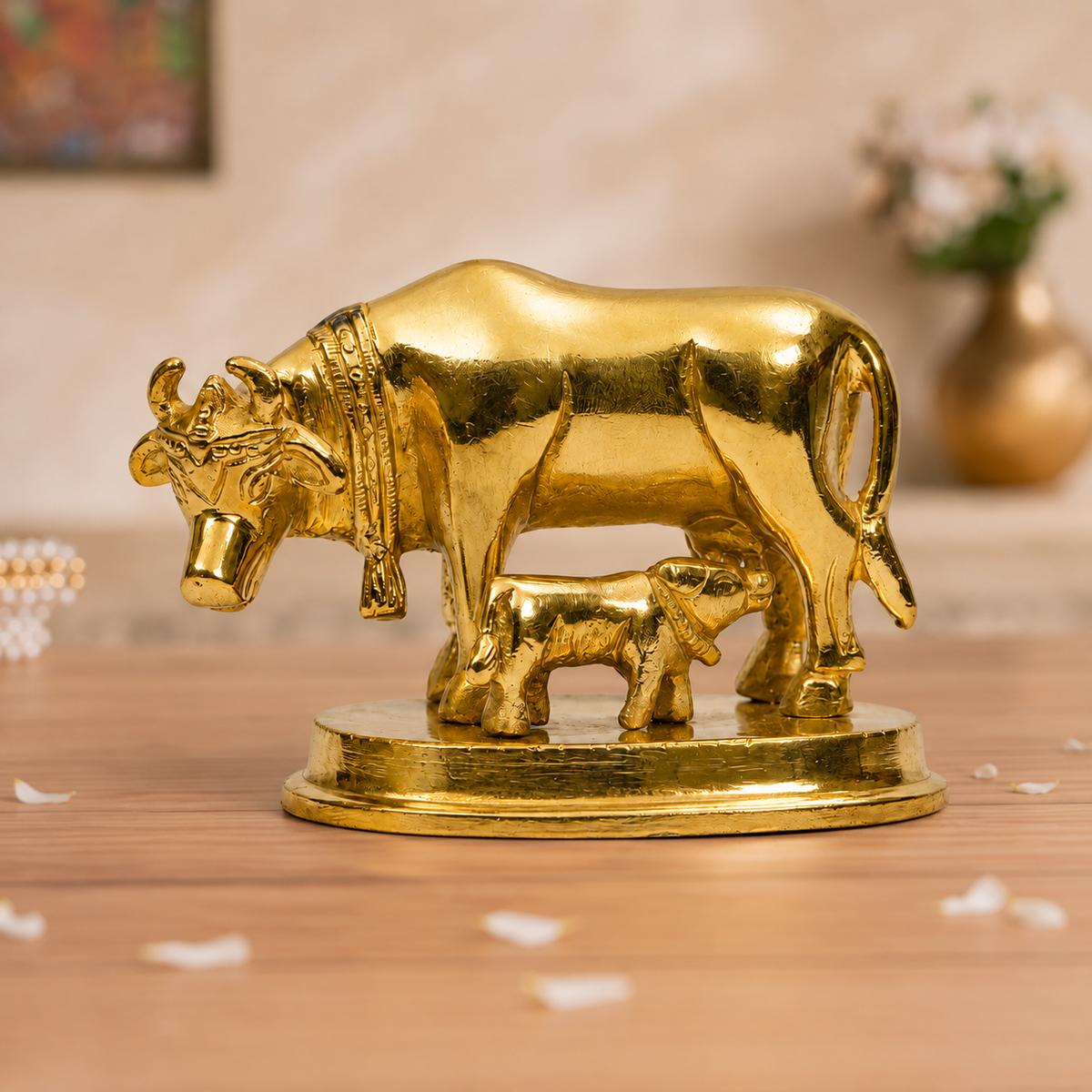 Gau Mata with Nursing Calf Idol | Polished Golden Brass Finish