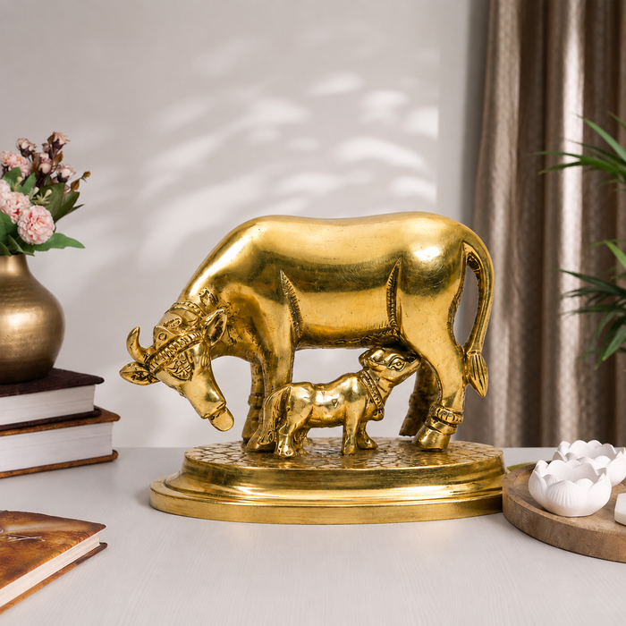 Gau Mata Feeding Calf Idol | Polished Golden Brass Finish