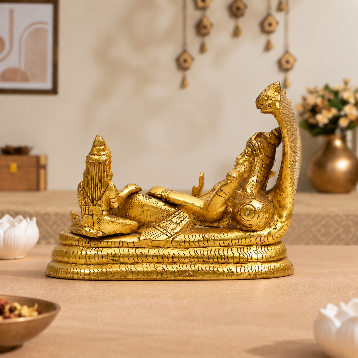 Lord Vishnu Reclining on Sheshnag with Goddess Lakshmi Idol | Antique Golden Brass Finish