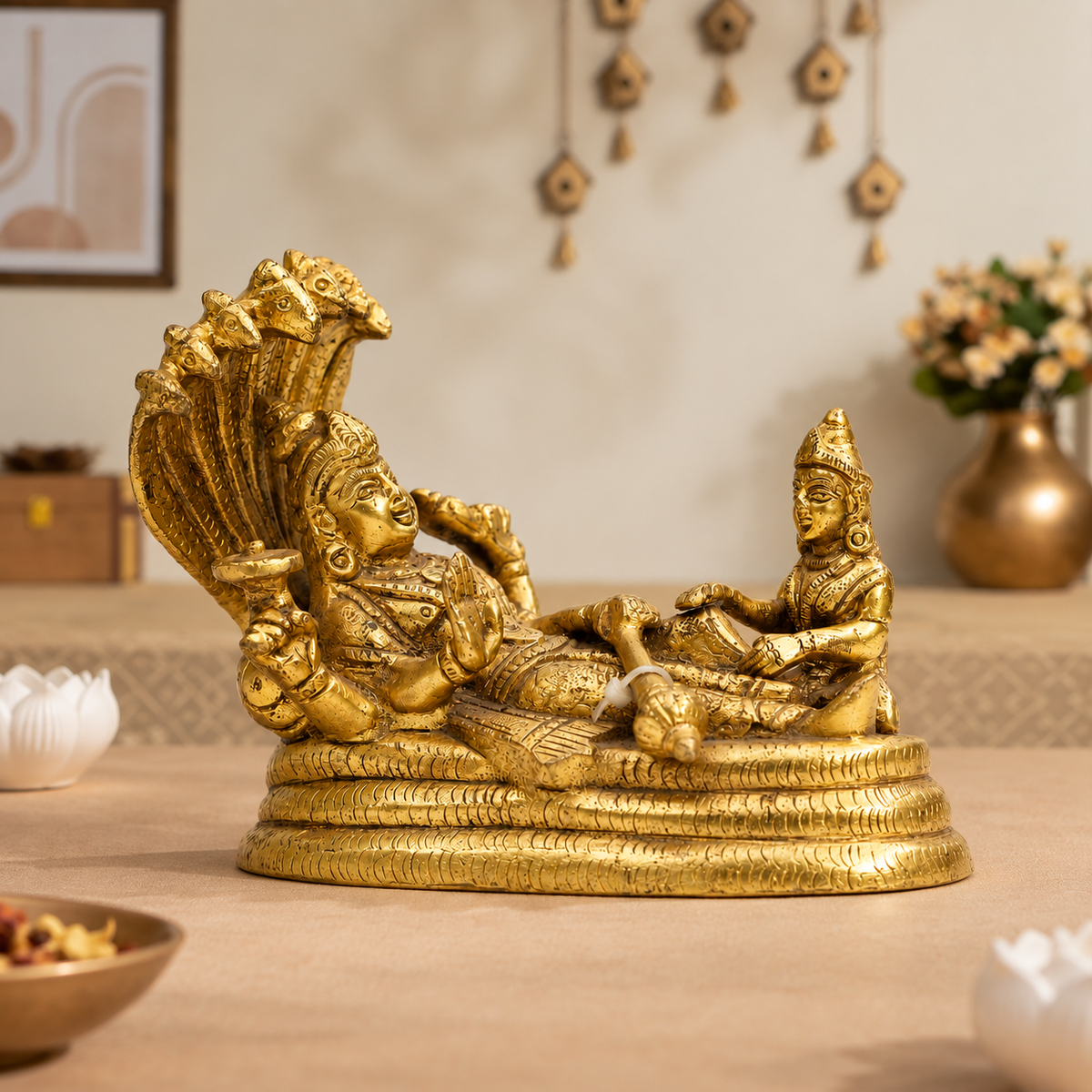 Lord Vishnu Reclining on Sheshnag with Goddess Lakshmi Idol | Antique Golden Brass Finish