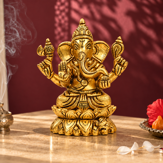 Lord Ganesha Seated Idol with Mouse | Antique Golden Brass Finish