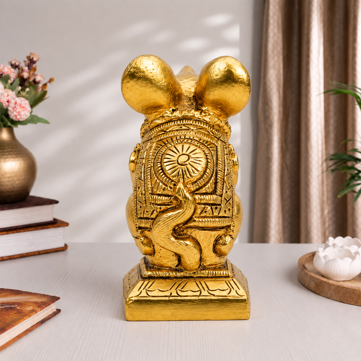 Mushak Raj Holding Modak Idol | Polished Golden Brass Finish