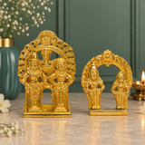 Set of 2 Lord Vitthal and Goddess Rukmini Idols with Decorative Arch | Polished Golden Brass Finish